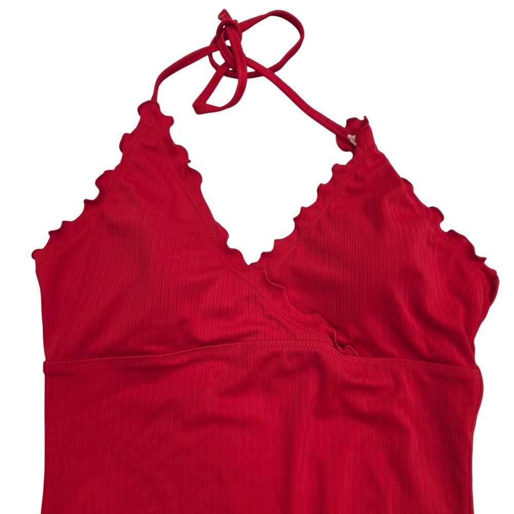 Old Navy Womens Red Ribbed Scalloped V-Neck Halter One Piece Swimsuit Size M - Picture 2 of 7